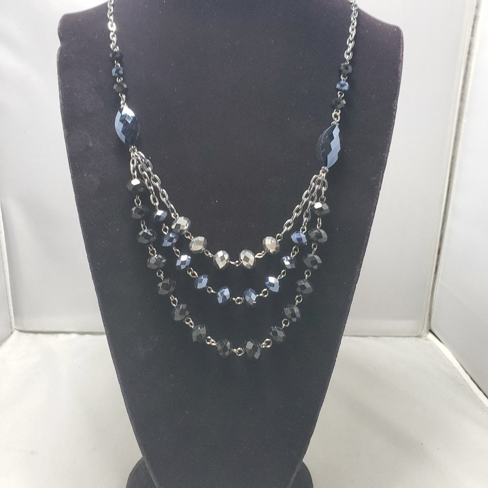 Hematite antique silver  link chain pewter/ silver beaded 3 row layered necklace